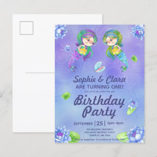 Cute Mermaids Under the Sea Twin Girls Birthday  Invitation Postcard