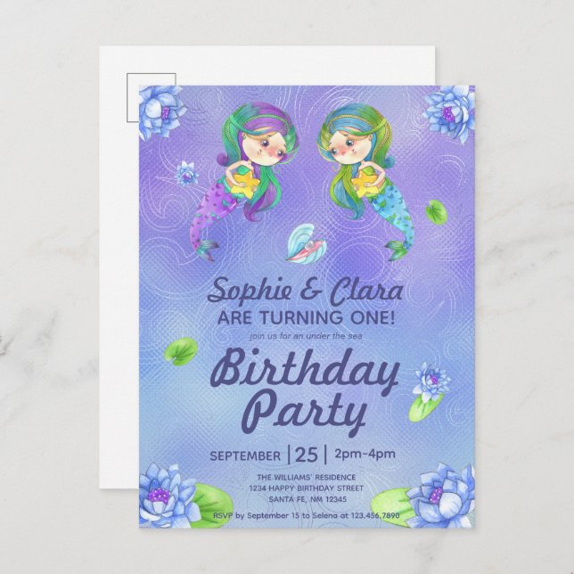 Cute Mermaids Under the Sea Twin Girls Birthday  Invitation Postcard (Front/Back)