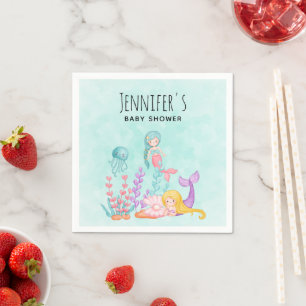 Cute Mermaids Under the Sea Watercolor Baby Shower Napkin