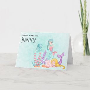 Cute Mermaids Under the Sea Watercolor Birthday Card