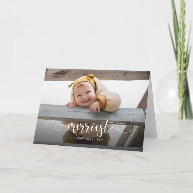 Cute Merriest Modern Calligraphy Photo Holiday Card (Front)