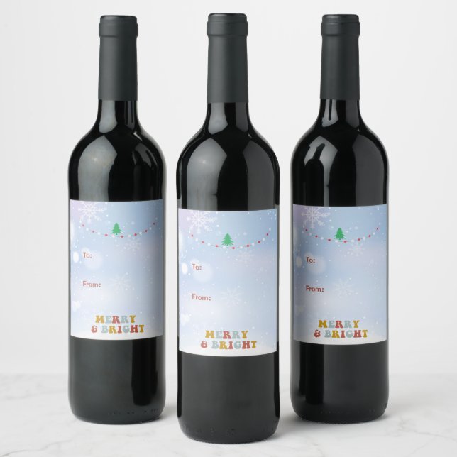 Cute Merry and Bright Christmas Tree Holiday Gift Wine Label (Bottles)