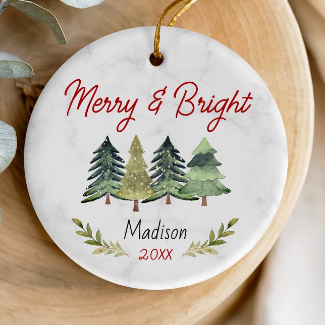Cute merry and bright Christmas trees green red  Ceramic Ornament (Creator Uploaded)
