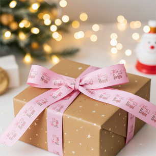 Cute Merry and Bright Stripe on Cotton Candy Pink Grosgrain Ribbon