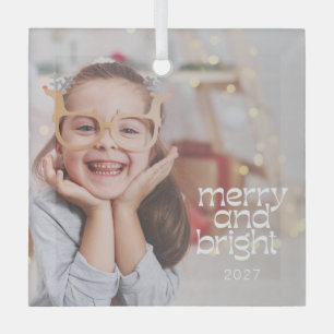 Cute Merry Bright White Text Custom Photo Overlay Glass Tree Decoration