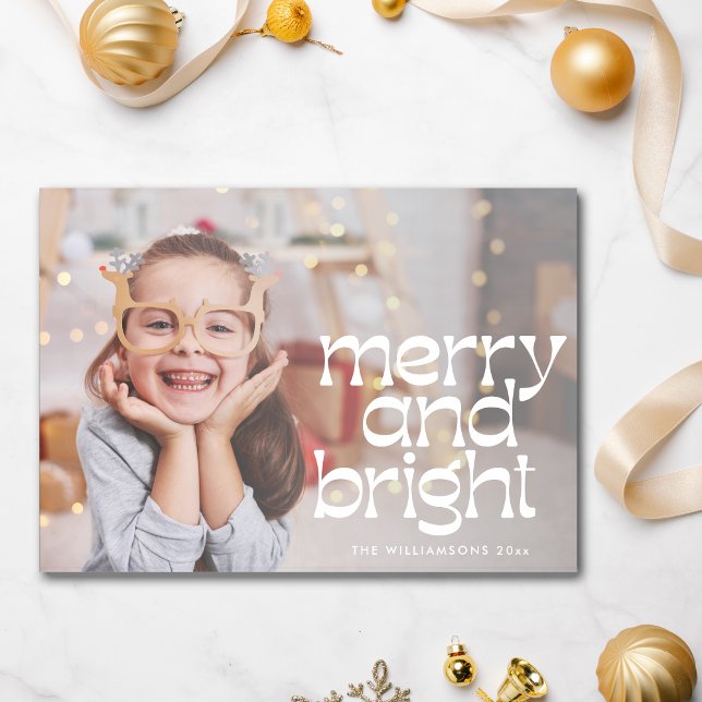 Cute Merry Bright White Text Photo Overlay Holiday Card (Creator Uploaded)