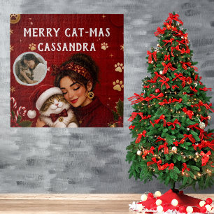Cute Merry Cat-Mas Crimson Christmas Photo Name Jigsaw Puzzle