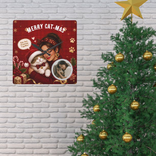 Cute Merry Cat-Mas Crimson Christmas Photo Square Wall Clock