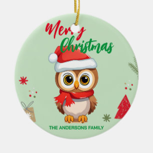 Cute merry christmas Baby Owl Santa Scarf holiday Ceramic Ornament