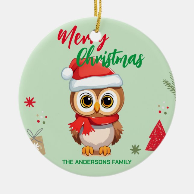 Cute merry christmas Baby Owl Santa Scarf holiday  Ceramic Ornament (Front)