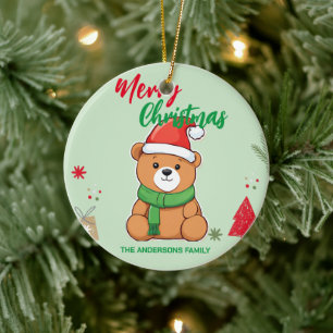 Cute merry Christmas Bear Santa Scarf holiday Ceramic Ornament