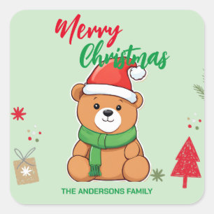 Cute merry Christmas Bear Santa Scarf holiday Square Sticker