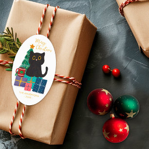 Cute Merry Christmas Black Cat Christmas Tree Oval Sticker