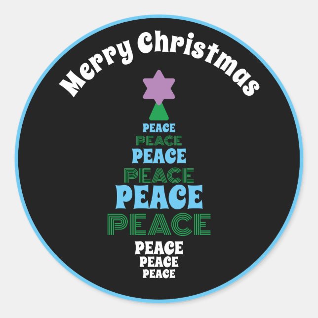 Cute Merry Christmas Blue and Green Peace Tree Classic Round Sticker (Front)