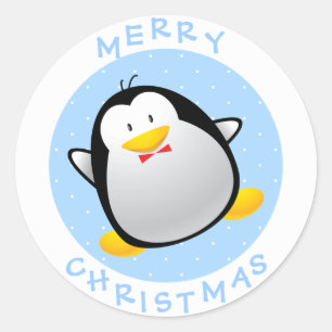 Cute Merry Christmas Cartoon Penguin Classic Round Sticker