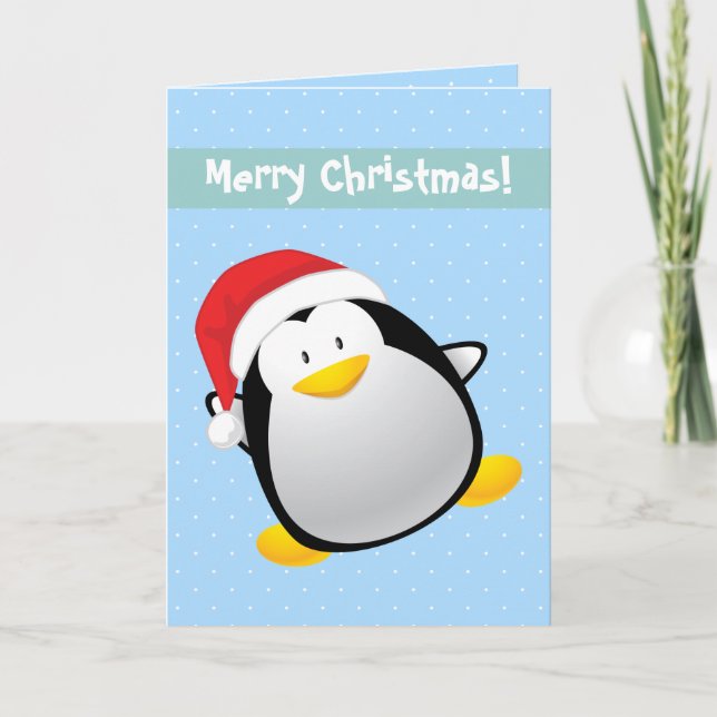 Cute Merry Christmas Cartoon Santa Penguin Holiday Card (Front)