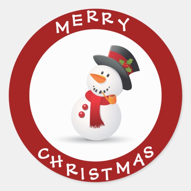 Cute Merry Christmas Cartoon Snowman Classic Round Sticker (Front)