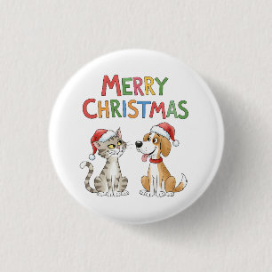 Cute Merry Christmas Cat and Dog with Santa Hats 3 Cm Round Badge