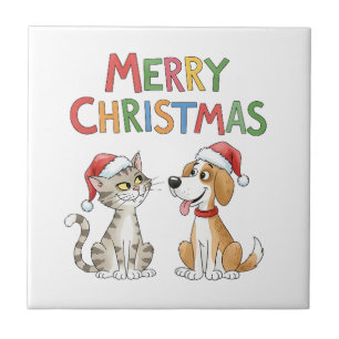 Cute Merry Christmas Cat and Dog with Santa Hats Ceramic Tile