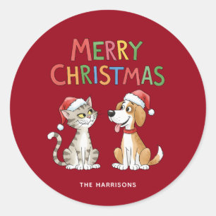 Cute Merry Christmas Cat and Dog with Santa Hats Classic Round Sticker
