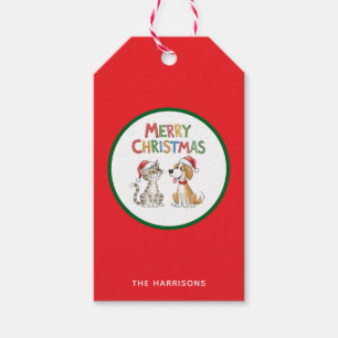 Cute Merry Christmas Cat and Dog with Santa Hats  Gift Tags