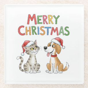 Cute Merry Christmas Cat and Dog with Santa Hats Glass Coaster