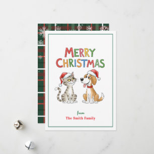 Cute Merry Christmas Cat and Dog with Santa Hats Holiday Card