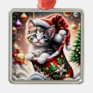 cute Merry Christmas Cat  Metal Ornament