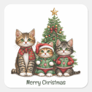 Cute Merry Christmas Cats Square Sticker