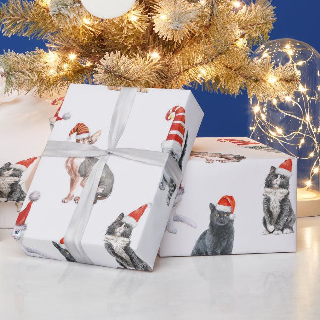 Cute Merry Christmas Cats with Santa Hats Wrapping Paper (Holidays)