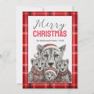 Cute Merry Christmas Cheetah Family Plaid Rustic Holiday Card