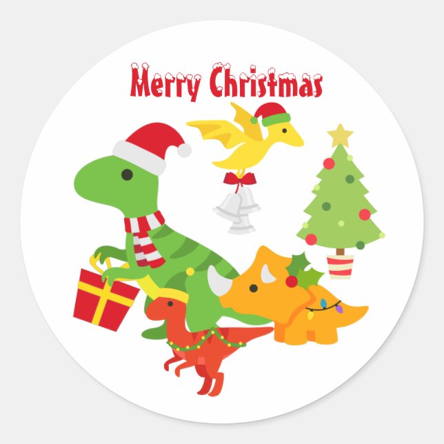 Cute Merry Christmas Dinosaur Kids White Classic Round Sticker (Front)
