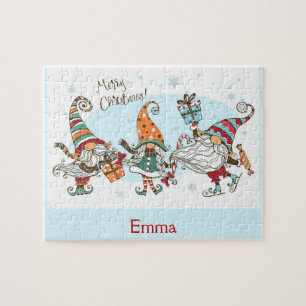 Cute Merry Christmas Elves Gnomes Custom name Jigsaw Puzzle