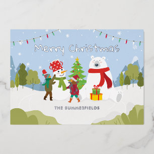 Cute Merry Christmas Family Custom Silver Foil Holiday Card