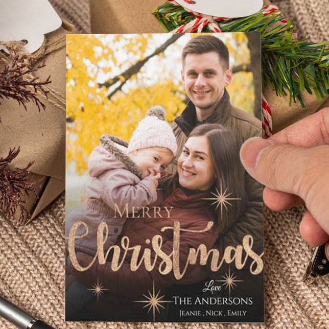 Cute Merry Christmas Faux Rose Gold Star Photo Holiday Card (Cute Merry Christmas Faux Rose Gold Star Photo Holiday Card)