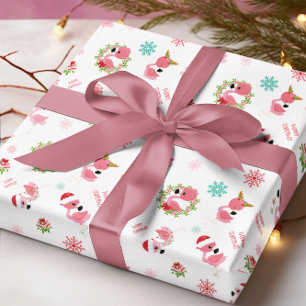 Cute Merry Christmas Flamingo Snowflake Wrapping Paper