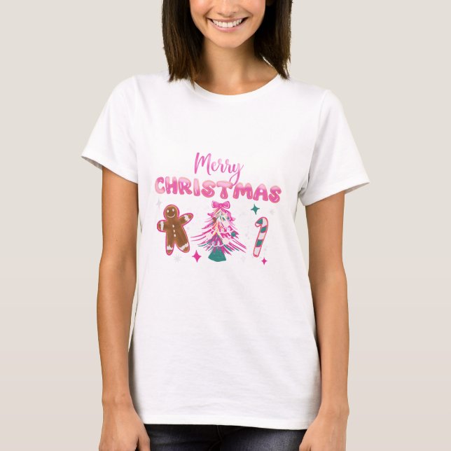 Cute Merry Christmas Gingerbread and Candy Design T-Shirt (Front)
