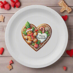 Cute Merry Christmas Gingerbread Man Heart Paper Plate