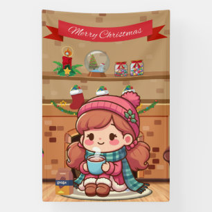 Cute Merry Christmas girl with cocoa Banner