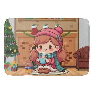Cute Merry Christmas girl with cocoa Bath Mat