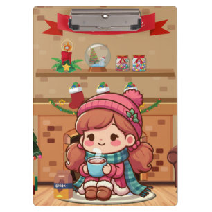 Cute Merry Christmas girl with cocoa  Clipboard