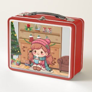 Cute Merry Christmas girl with cocoa Metal Lunch Box