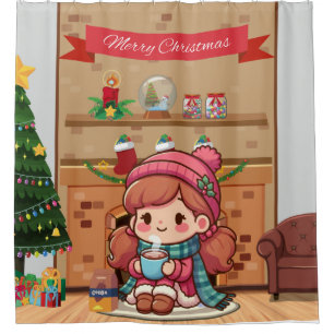 Cute Merry Christmas girl with cocoa Shower Curtain