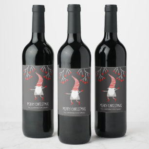 Cute Merry Christmas Gnome And Holly Berries Wine Label