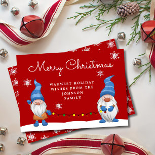 Cute Merry Christmas Gnomes Red Holiday Card