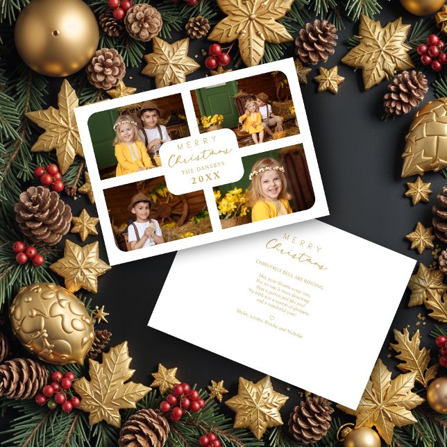 Cute Merry Christmas Gold Minimal 4 Photos Collage Holiday Card (Cute Merry Christmas Golden Minimalist 4 Photos Collage Holidays Cards with Envelope.)