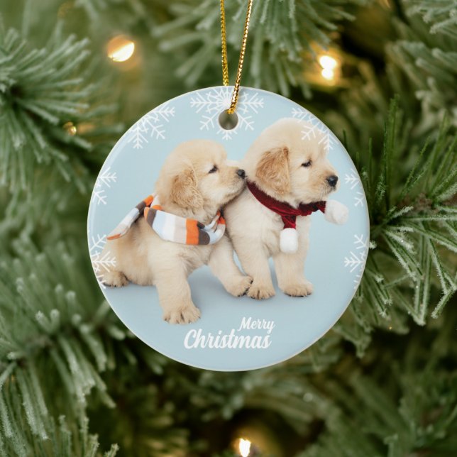 Cute Merry Christmas golden retriever puppies  Ceramic Ornament (Tree)