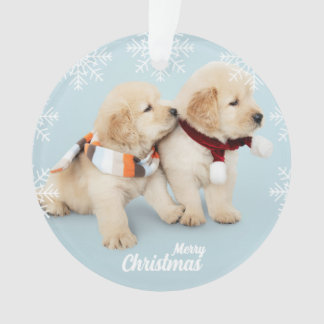Cute Merry Christmas golden retriever puppies Ornament