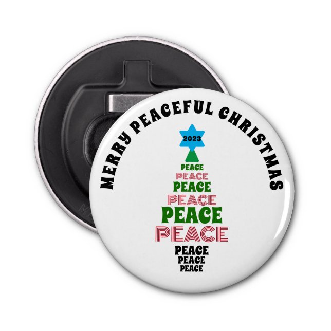 Cute Merry Christmas Green and Red Peace Tree Bottle Opener (Front)