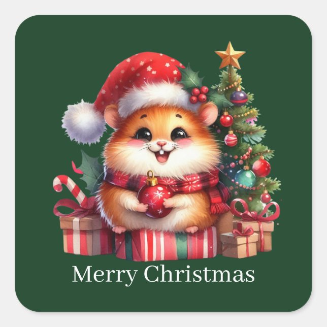 Cute Merry Christmas hamster customisable  Square Sticker (Front)